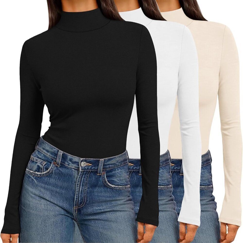⚡3 Pack Women’s Mock Turtleneck Tops Long Sleeve Slim Fit Thermal Shirt
